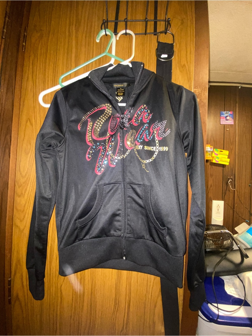 Rocawear Black Bomber Jacket with Multicolor Rhinestone Logo